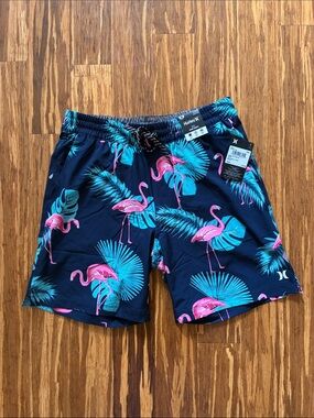 Hurley Navy Swim Shorts with Pink Flamingo & Teal Palm Design
